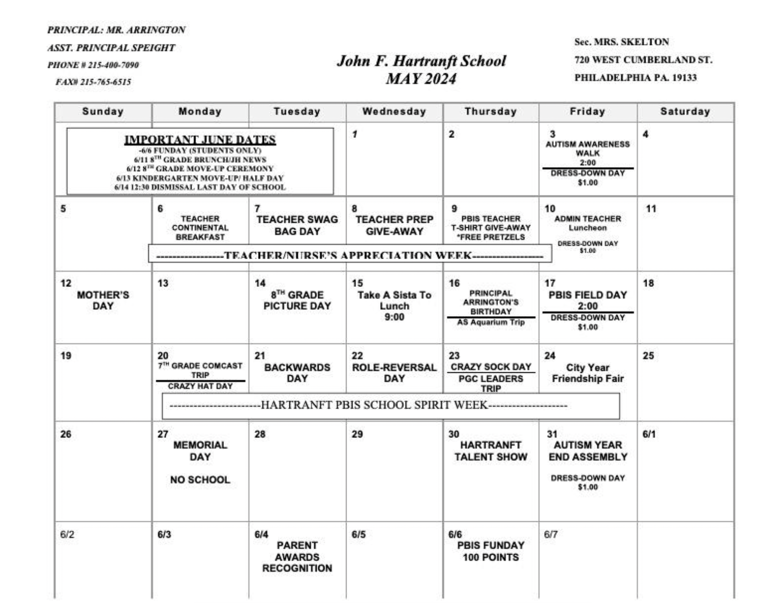 Calendar for Month – John F. Hartranft School